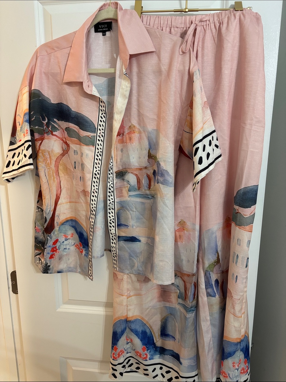 Vici Pink Watercolor Button-Down Lounge Set with Scenic Print